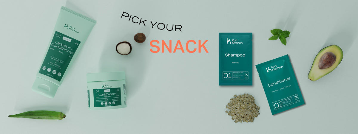Pick Your Snack banner showing The Kurl Kitchen sachets, mini tubes and curl cream